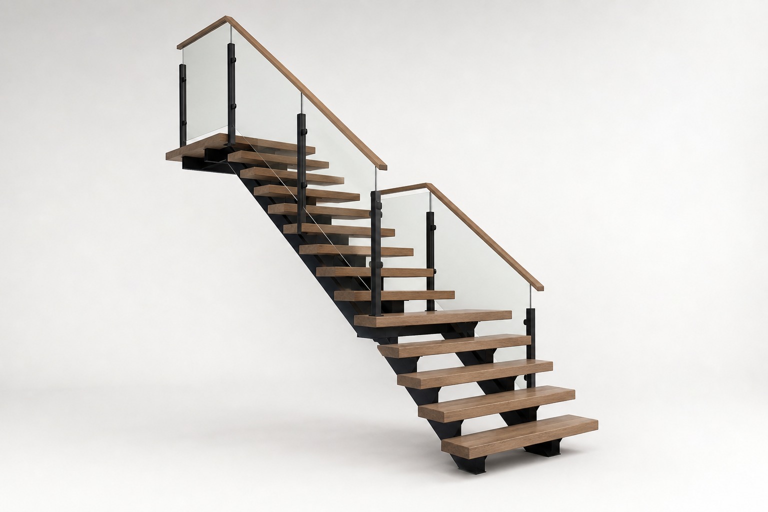 Straight staircase with wood treads, glass panels, and a wood handrail.